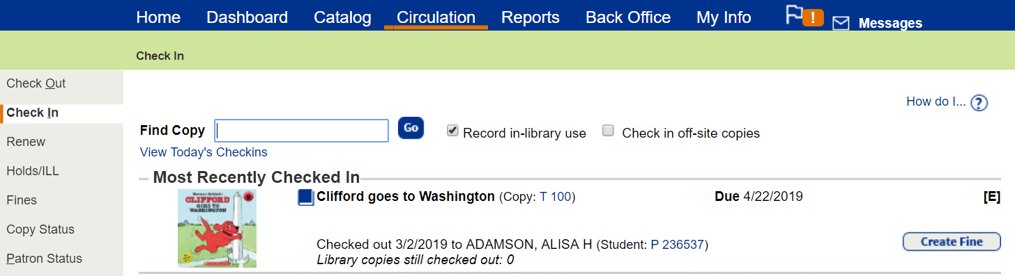 Circulation tab, Check In option.